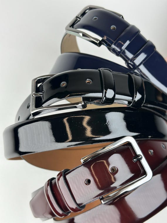 Handmade Glossy Leather Belt: Full-Grain Patent Cowhide, Stainless Steel Buckle. Valentines Day Gifts.