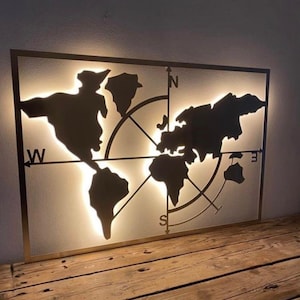 Boussole avec carte du monde - fichier DXF / STEP - rectangle - abstrait - art mural en métal découpé au laser