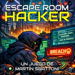 Puede incluir: Ilustración de la portada del libro "Escape Room Hacker" con una figura encapuchada hackeando una computadora. El título es amarillo, con una ciudad futurista y un robot de fondo. La palabra "Breach" se muestra en la pantalla.