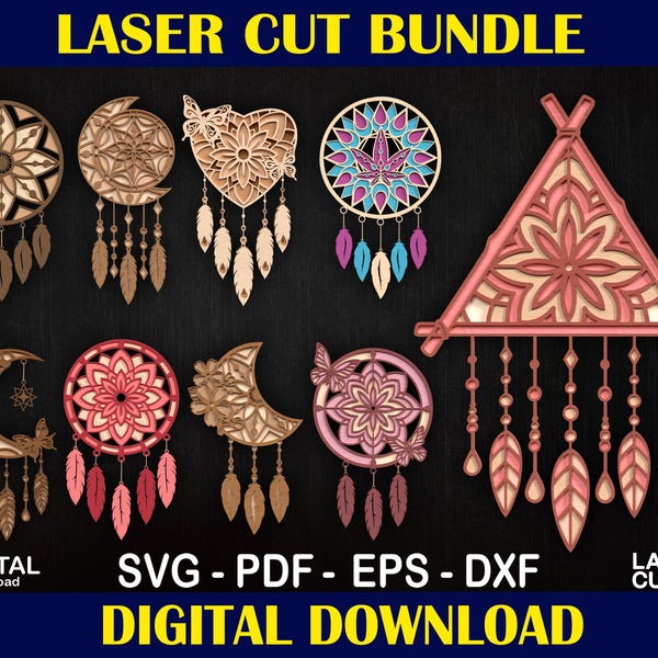 Boho Traumfänger Laser geschnitten Dateien, Stammes- Feder SVG (digitaler Download)