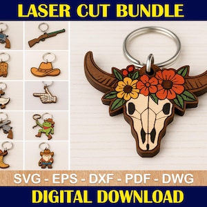 Könnte beinhalten: Lasergeschnittenes Bundle mit Holzschlüsselanhängern im Western-Stil. Designs umfassen einen Bullenschädel mit Blumen, Cowboy-Stiefel, Hüte, Waffen und einen Frosch mit Lasso. Der Text "LASER CUT BUNDLE" und "DIGITAL DOWNLOAD" sind angezeigt.