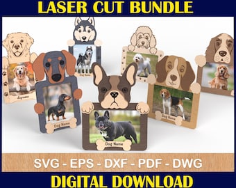 Paquete de marcos de fotos para mascotas cortados con láser, huella de perro, hueso SVG (descarga digital)