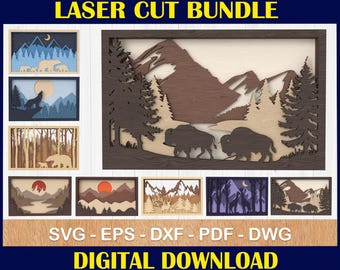 Layered Mountain Wildlife Laser Cut Files, Wall Art SVG Bundle (Digital Download)