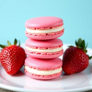 Può includere: Tre macarons rosa con ripieno bianco, impilati su un piatto bianco, accanto a due fragole rosse fresche. Lo sfondo è azzurro. I macarons hanno una consistenza liscia.