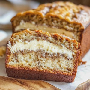 May include: A close-up of a sliced loaf of banana bread with a layer of cream cheese frosting. The bread is light brown and the frosting is white.