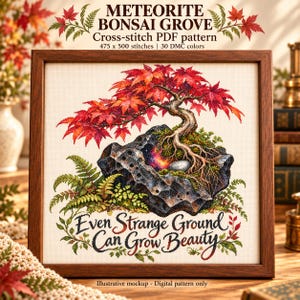 Bonsai Cross Stitch Pattern PDF, Red Maple Meteorite and Resilience Quote