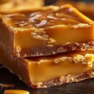 May include: Two caramel squares stacked on top of each other. The caramel is a light brown color and has a shiny, glossy finish. The squares have a thin layer of a light brown, crumbly topping.