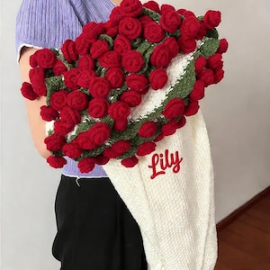 Custom Crochet Rose Bouquet Blanket, Embroidered Name Blanket, Knitted Rose Flower Throw, Mother's Day Gifts, Rose Blanket For Nana