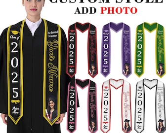 May include: A graduation stole with the text "CUSTOM STOLE ADD PHOTO" and "Class of 2025". The stole is black with gold trim and text, and there are 12 different design options. The stole is worn by a person in a graduation gown.