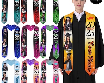May include: Graduation stoles in various colors, featuring a photo, the year "2025", and space for "Your Name" and "Your Text". The stoles are displayed in a variety of colors, including teal, red, green, blue, pink, and purple.