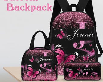 Spersonalizowany zestaw plecaków z motywem motyli: torba szkolna dla dziewcząt z pudełkiem na lunch i piórnikiem