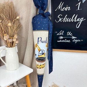 School cone made of fabric, construction site, excavator, personalized school cone, 70 cm, school child, gift for starting school, sustainable school cone