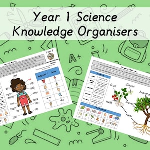 Könnte beinhalten: Zwei wissenschaftliche Wissensorganisatoren für das 1. Schuljahr. Der erste zeigt ein Diagramm eines Kindes mit beschrifteten Körperteilen. Der zweite zeigt ein Diagramm einer Pflanze mit beschrifteten Teilen. Der Hintergrund ist hellgrün mit wissenschaftlichen Illustrationen.