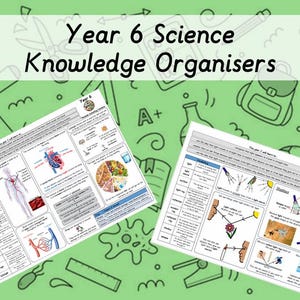 Puede incluir: Dos organizadores de conocimientos de ciencias de 6º curso se muestran sobre un fondo verde con ilustraciones científicas. Los organizadores contienen diagramas y texto sobre el cuerpo humano y la luz. El banner superior dice "Year 6 Science Knowledge Organisers."