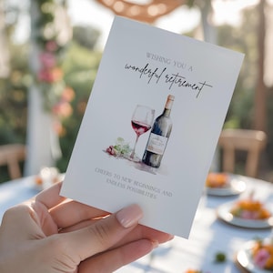 Biglietto di auguri per la pensione di una bottiglia di vino rosso / Saluto di cin cin al pensionamento / Biglietto di auguri per la pensione degli amanti del vino