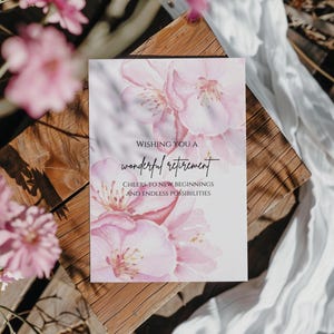 Cartão de Aposentadoria com Flores de Cerejeira | Cartão de Aposentadoria Digital Minimalista | Cartão de Aposentadoria com Flores para Imprimir