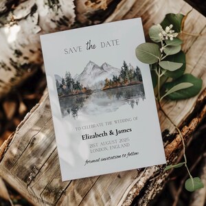 Modello di invito per matrimonio minimalista in montagna / Design acquerello / Invito Canva modificabile / Biglietto di matrimonio semplice con natura / Download immediato