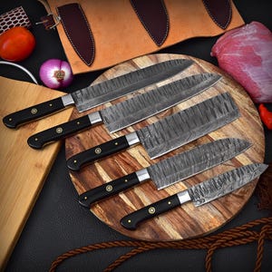 Handmade Damascus Steel Chef Knife Set: Forged Kitchen Knives, Wood Handle