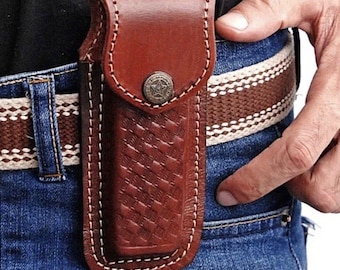 Custom Handmade Genuine Engraved Leather Sheath for 5" Folding Pocket Knife