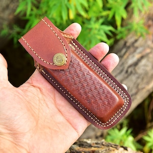 Custom Handmade Genuine Engraved Leather Sheath for 5&quot; Folding Pocket Knife