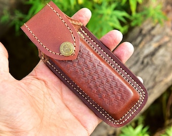 Custom Handmade Genuine Engraved Leather Sheath for 5" Folding Pocket Knife