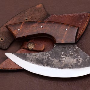 Cuchillo Ulu de Alaska de acero al carbono forjado a mano con funda de cuero