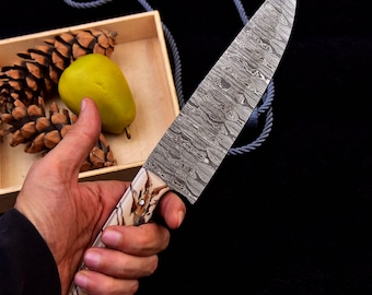 Handmade Damascus Steel Chef Boning Knife: Pinecone Resin Handle, Leather Sheath