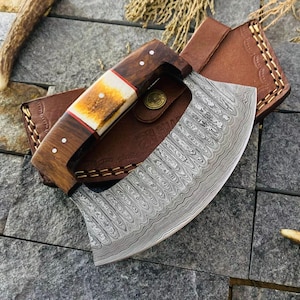 Cuchillo Ulu de acero de Damasco forjado a mano: cortador de pizza estilo Alaska, funda de cuero