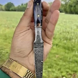 Handmade Damascus Steel Boot Knife, Leather Sheath, Camping Bushcraft Knife
