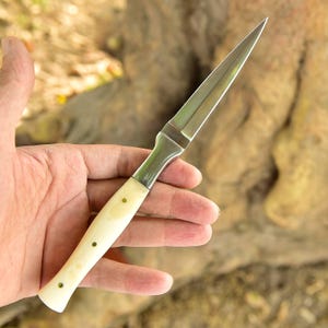 May include: A dagger with a polished steel blade and a cream-colored handle. The handle has three small, evenly spaced, brass-colored rivets. The blade is sharp and pointed. The dagger is held in a hand.