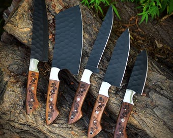 Handmade D2 Steel Chef Knife Set, Rosewood Handle, Hammer Pattern Kitchen Knives (5 Pcs)