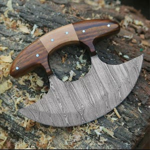 Hand Forged Damascus Steel Ulu Knife: Alaskan Chef Knife with Leather Sheath