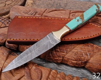 Hand Forged Damascus Steel Boot Knife - Risen & Brass Bolster - Leather Sheath