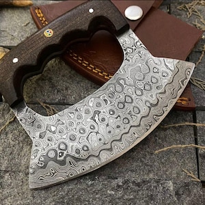 Cuchillo Ulu de acero de Damasco forjado a mano: cortador de pizza estilo Alaska, funda de cuero