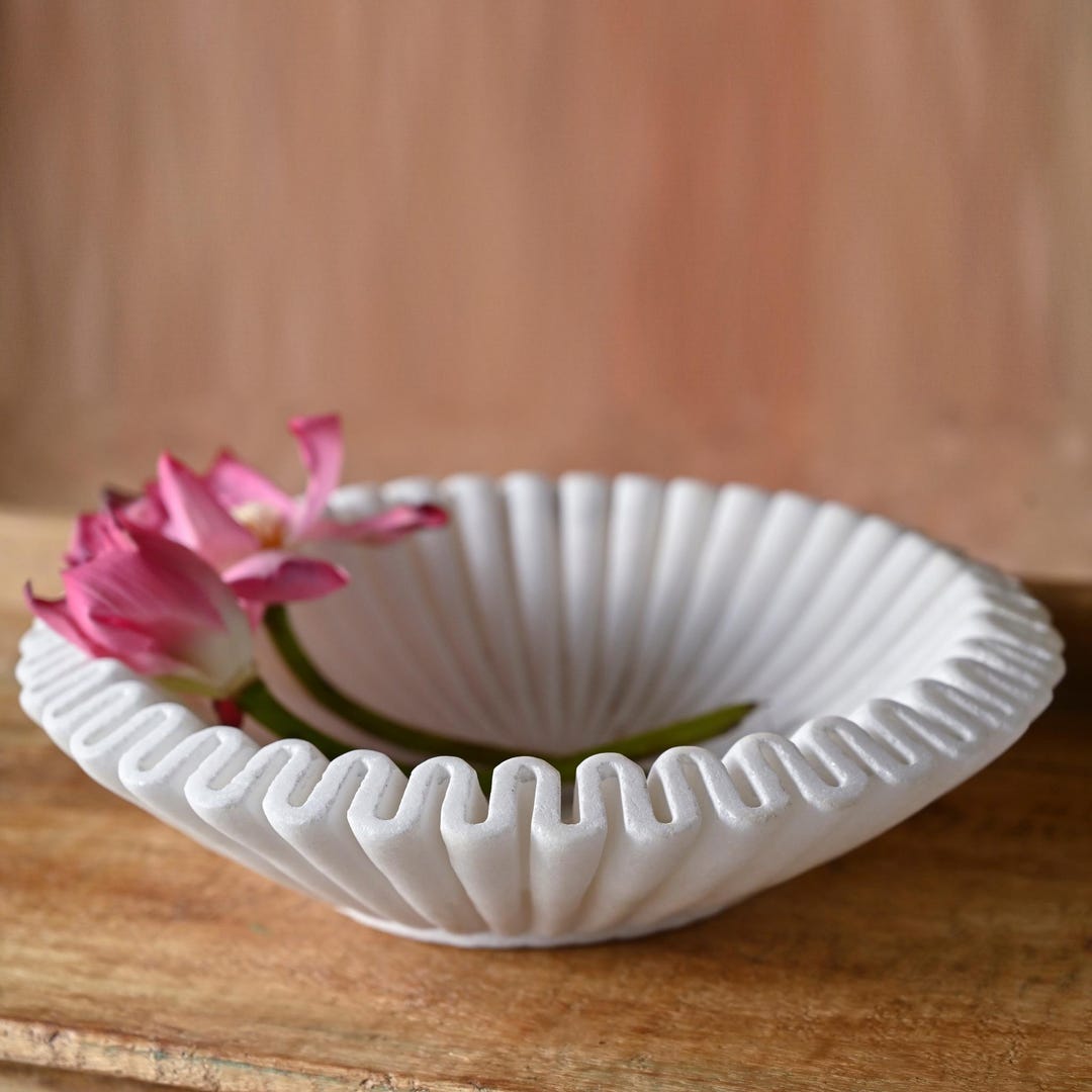 White Ruffled Marble Bowl Handcrafted for Living Rooms and Table ...