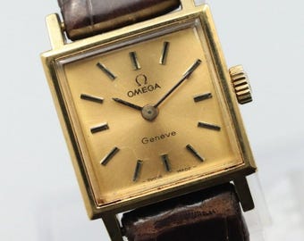 Exc+5* Vintage OMEGA Geneve Cal.1070 Hand Winding Gold Dial Square Women Watch