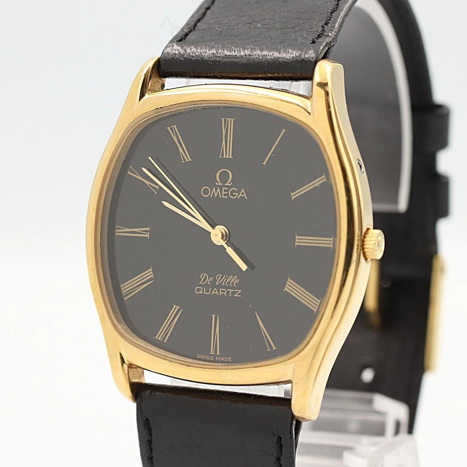 N MINT* Vintage 1980 OMEGA De Ville Cal.1332 Qz Black Hexagon 33mm Mens Watch