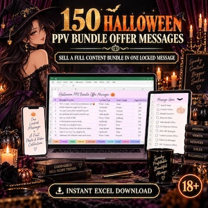 Op de afbeelding: Een digitaal marketingpakket met 150 Halloween PPV-berichtaanbiedingen weergegeven op een laptopscherm, tablet en smartphone. De afbeelding bevat tekst, een anime-stijl personage, een zwarte mok en een knop voor een directe Excel-download.