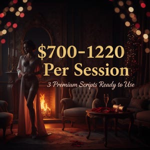 May include: An elegant interior scene with a woman in lingerie and a flowing robe standing near a fireplace. The text reads "$700-1220 Per Session" and "3 Premium Scripts Ready to Use". The room is decorated with soft lighting and ornate furniture.