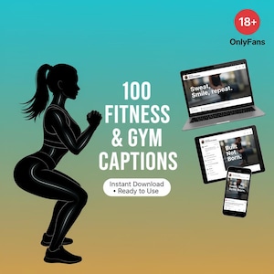 May include: An image advertising fitness and gym captions. It shows a black silhouette of a person in a squat, the text "100 FITNESS & GYM CAPTIONS", and a laptop, tablet, and phone displaying fitness quotes. The image also includes the text "Instant Download • Ready to Use".