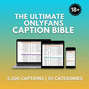 Op de afbeelding: Advertentie voor een digitaal product met een laptop, tablet en smartphone die spreadsheets weergeven. De tekst luidt "THE ULTIMATE ONLYFANS CAPTION BIBLE" en "5.500 CAPTIONS | 55 CATEGORIES". Een "18+"-badge staat rechtsboven.