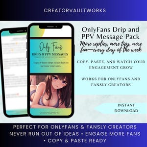 Op de afbeelding: Advertentie voor een digitaal product voor OnlyFans- en Fansly-makers. De afbeelding toont een smartphone met een afbeelding met de tekst "OnlyFans Drips & PPV Messages". De advertentie belooft meer reacties en betrokkenheid. Het product is direct klaar voor gebruik.