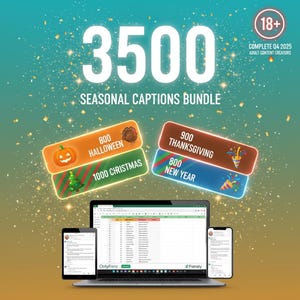 Op de afbeelding: Een promotieafbeelding voor een bundel met seizoensgebonden bijschriften. De afbeelding toont een laptop, een tablet en twee smartphones met een spreadsheet. De tekst luidt "3500 Seasonal Captions Bundle" met bijschriften voor Halloween, Kerstmis, Thanksgiving en Nieuwjaar.