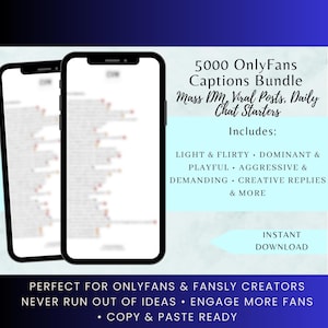 Op de afbeelding: Twee smartphones tonen tekst, die een "5000 OnlyFans Captions Bundle" met "Direct downloaden" adverteert. De bundel bevat bijschriften voor massale DM's, virale berichten en dagelijkse chatstarters. De tekst vermeldt ook light & flirty, dominant & playful.