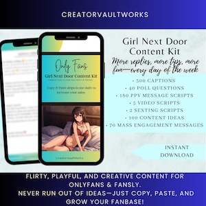 Puede incluir: Un teléfono inteligente muestra un "Girl Next Door Content Kit" con texto y una ilustración. El kit incluye subtítulos, preguntas de encuestas, guiones de mensajes, guiones de video e ideas de contenido. La imagen promociona contenido coqueto y juguetón para OnlyFans y Fansly.