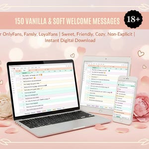 May include: A laptop, tablet, and smartphone display a spreadsheet of welcome messages. The image includes text: "150 Vanilla & Soft Welcome Messages" and "Instant Digital Download." The background is a soft pink with flower petals and a floral arrangement.