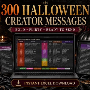 Op de afbeelding: Een digitale productweergave met een laptop, een smartphone en een tabletscherm waarop een spreadsheet met de titel 300 HALLOWEEN CREATOR MESSAGES wordt getoond. De interface bevat kolommen voor categorie, bericht, toon, lengte en gebruiksdoelen.