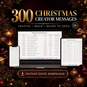 Op de afbeelding: Een digitaal productoverzicht met 300 Christmas Creator Messages op een laptop-, tablet- en smartphonescherm. De schermen tonen een spreadsheet met categorieën, berichten, tonen en platforms, inclusief een knop voor een directe Excel-download.