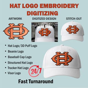 custom 3D puff Embroidery Digitizing for Hat Caps, Baseball Cap Digitizing, Bucket Hat Digitizing, Beanies, Trucker Hat & Cap Digitizing,