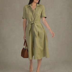 100% Linen Shirt Dress – Sleeved Button-Front Dress with Self-Tie Waist, Breezy Summer Outfit